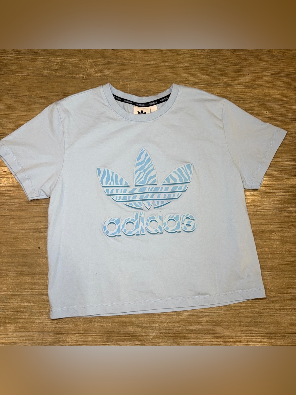 Adidas cropped baby blue tshirt with trefoil graphic size medium